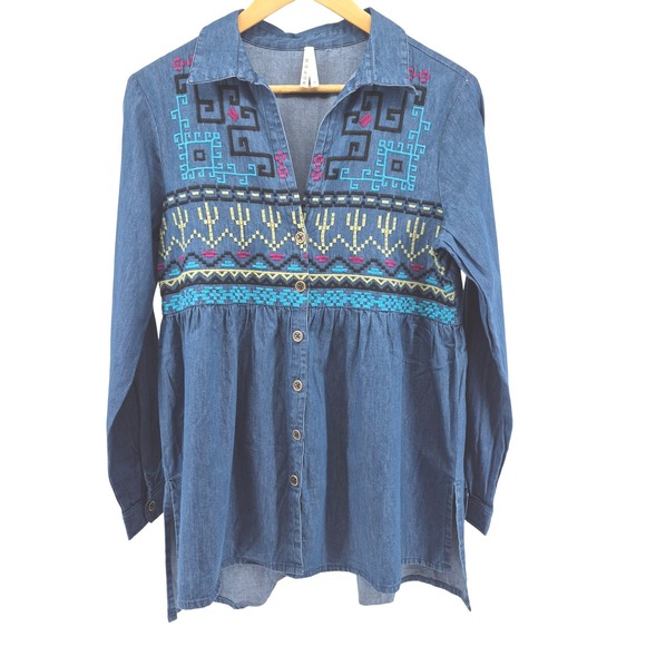 Roper Tops - Roper Womens Embroidered Denim Tunic Shirt Blue Cactus Aztec Sz M Boho Western